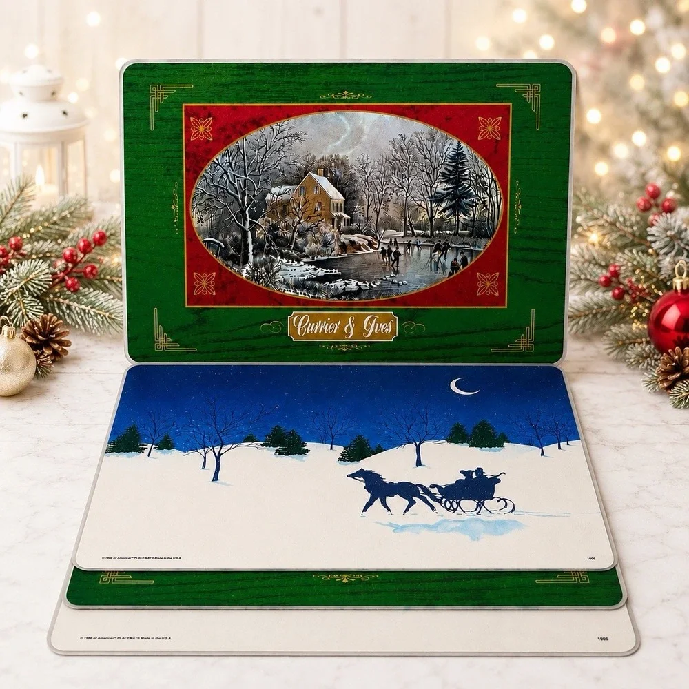 VTG Bright of America Currier & Ives Christmas Placemats Reversible USA Set/4